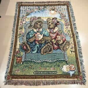 Vtg Boyds Bears & Friends Teatime Tapestry Fringe Throw Blanket Cottage Grandma